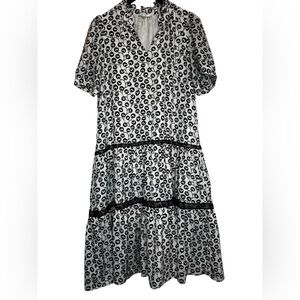 Jade Black and White Printed Midi Swing Dress Romanic Details